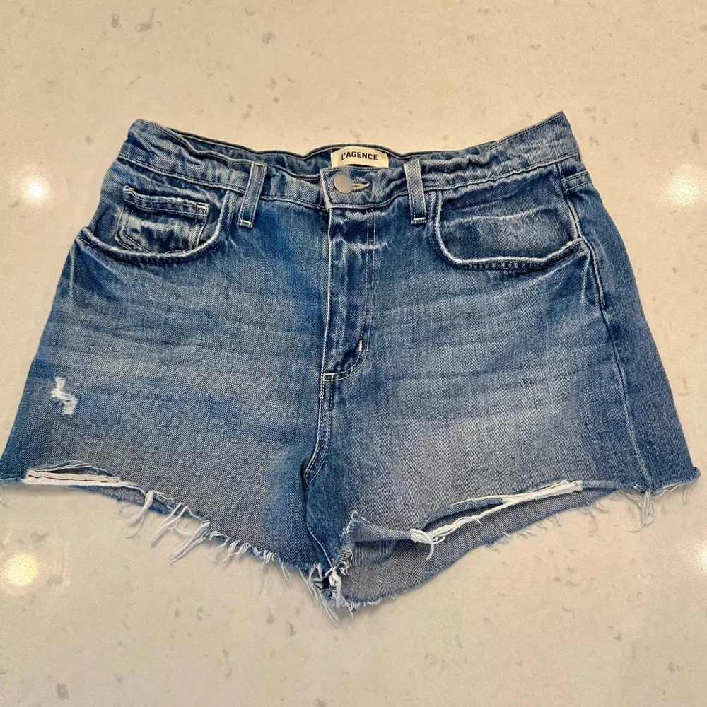 L'AGENCE Beck High Rise Distressed Santee Blue Jean Shorts Size 28